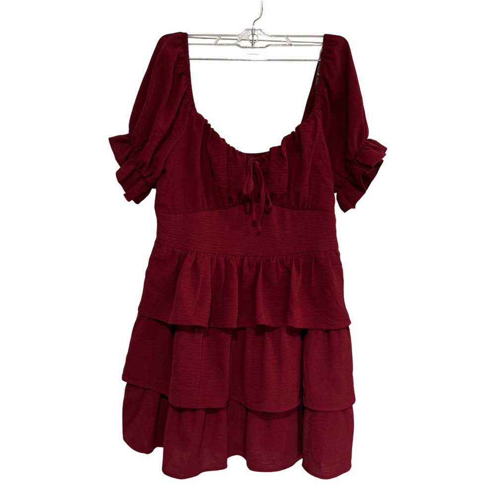 Inspired Hearts Burgundy Ruffle Mini Dress Short Puff Sleeve Smocked Back Large